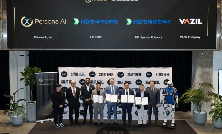 Hyundai HD وPersona AI توقعان اتفاقية لنشر روبوتات اللحام البشرية لأتمتة بناء السفن. Persona AI Inc Pictured from left List of attendees