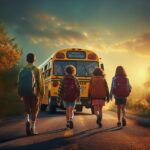 children go to school with backpacks. back to school generative