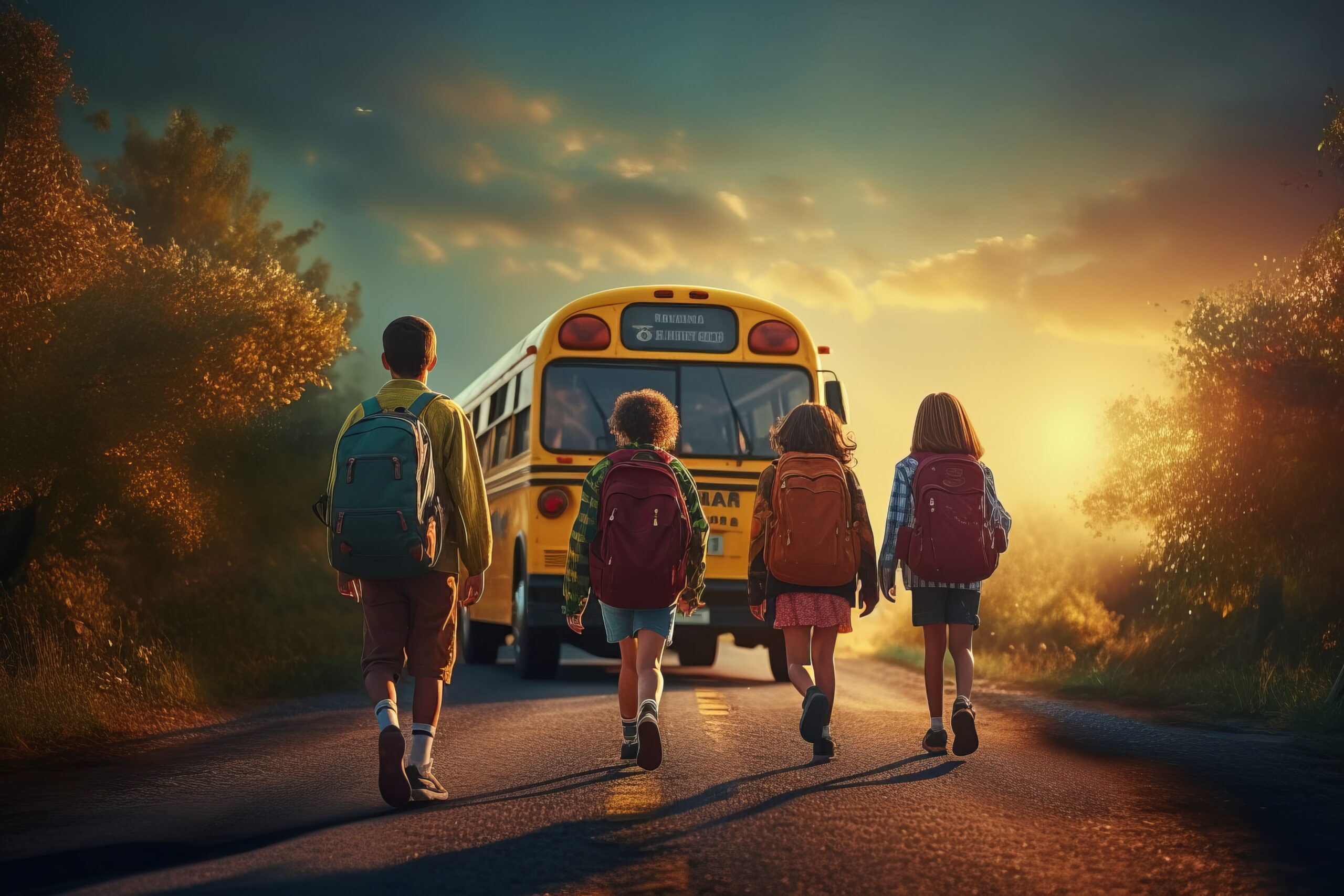 children go to school with backpacks. back to school generative