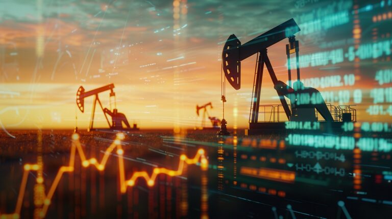 Silhouettes of oil pumps in a field at sunset with financial chart graphs overlaid on the scene, showing an upward trend. Generative AI