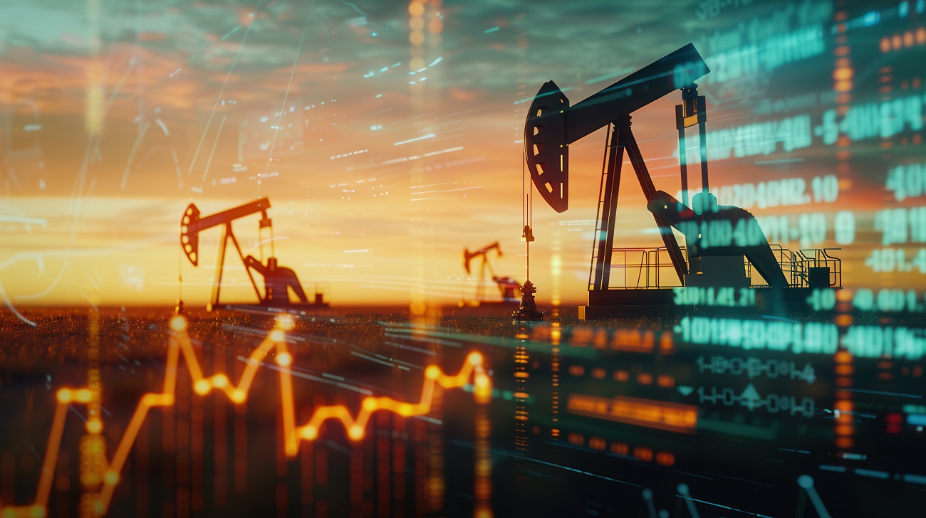 Silhouettes of oil pumps in a field at sunset with financial chart graphs overlaid on the scene, showing an upward trend. Generative AI
